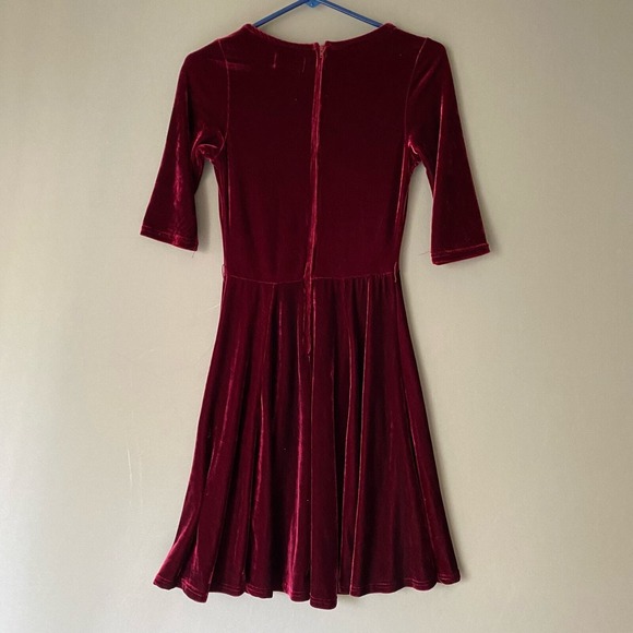 Unique Vintage Burgundy Velvet Flare Dress 3/4 Sleeve sz S Red Holiday Party - Picture 7 of 9